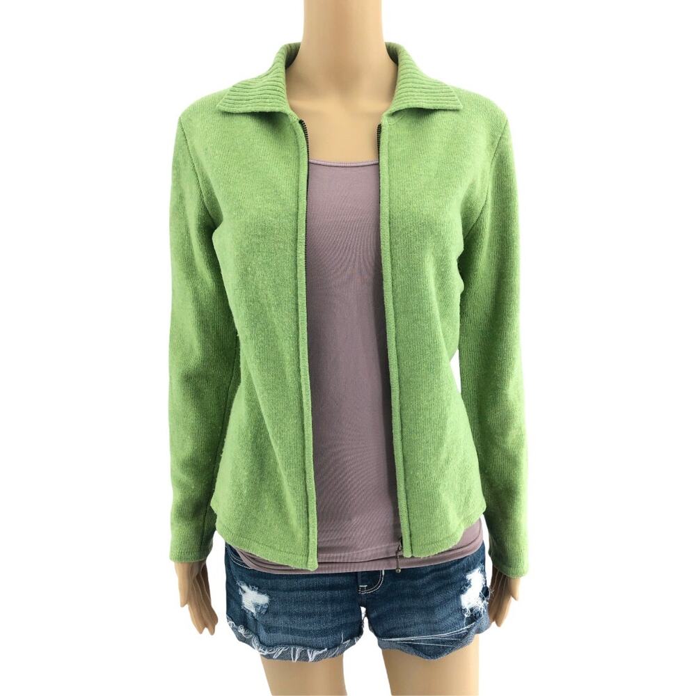 Moda SMALL VINTAGE 90's Green Lambswool Blend Full Zip Knit Cardigan Sweater